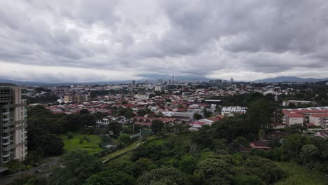 Cinematic-drone-shot-flying-towards-San-Jose-city,-Costa-Rica