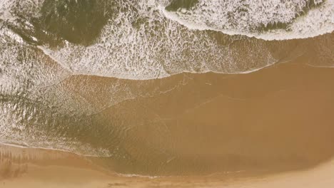 Ocean-waves-gently-crushing-into-an-yellow-sand-beach,-drone-moving-to-the-right