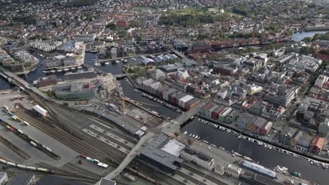 Panoramic-View-Of-Trondheim-City-In-Norway---aerial-drone-shot