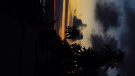 Vertical-video,-silhouette-of-palm-trees-at-dusk-sunset-by-ocean-coast