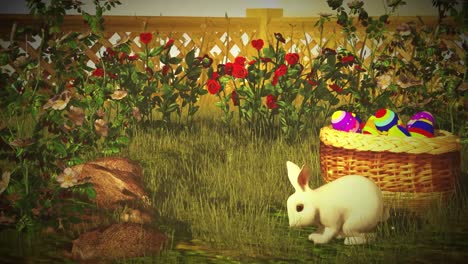 Easter-Eggs-and-white-rabbit-on-green-meadow-with-colorful-tulips