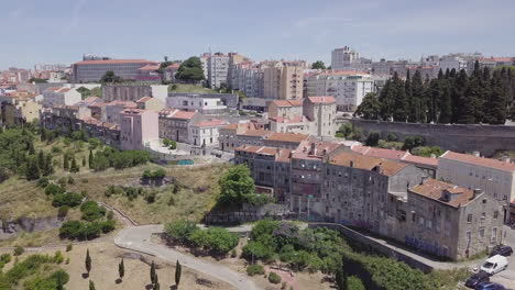 Aerial-drone-shot-of-a-Lisbon-park-in-neighborhood-Casal-Ventoso