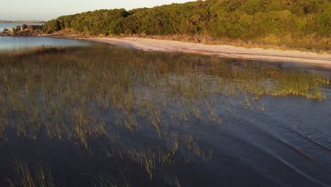 Cinematic-flying-backwards-shot-of-person-walking-on-the-lake-shore-at-a-beautiful-sunset-near-Laguna-Negra-at-Uruguay