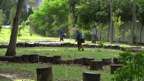 Trabajadores-Cortando-Pasto-En-El-Parque-Kim-Seng,-Roberson-Quay,-Singapur