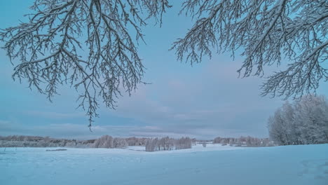 Winterzeitraffer-Von-Nacht-Zu-Tag-In-Einer-Schneelandschaft-Mit-Rosa,-Blauen,-Orangen-Und-Violetten-Farben