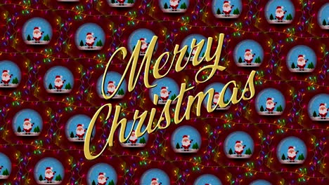 Festlicher,-Weihnachtlicher,-Animierter-Geschenkpapier-Hintergrund,-Mit-Winkenden-Weihnachtsmännern-In-Einer-Schneekugel-Und-Blinkenden,-Flatternden-Lichterketten-Auf-Tiefrotem-Hintergrund,-Mit-Beschriftbarer,-Animierter-Frohe-Weihnachts-Botschaft