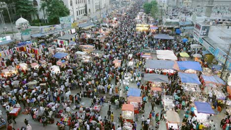 Aerial-wide-view-of-a-crowded-local-market-near-Charminar,-Hyderabad,-India