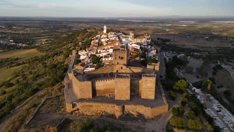 Monsaraz-castle-and-village-with-overlooking-surrounding-landscape,-Portugal