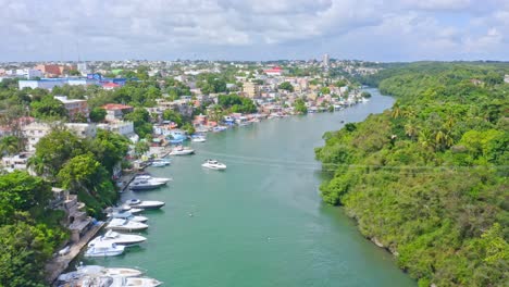 Luxury-yachts-anchored-at-La-Romana-marina-in-the-Caribbean,-Dulce-river