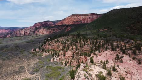 Aerial-landscape-view-over-green-vegetation-and-red-rocks-in-Zion-national-park,-Utah