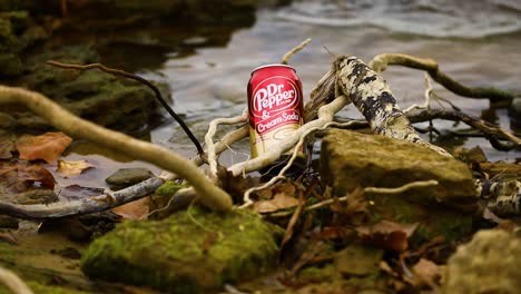 This-is-a-static-shot-of-a-can-of-Dr-Pepper-soda-in-roots-by-the-lake