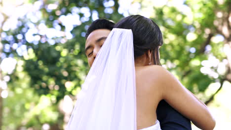 Park,-wedding-and-man-and-woman-hug-for-marriage