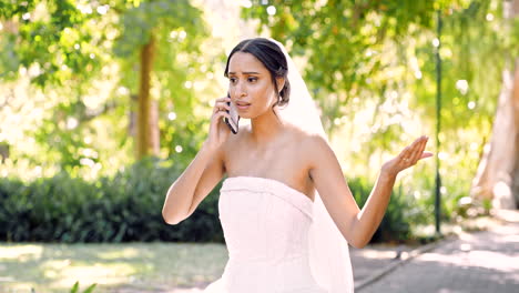 Phone-call,-angry-and-a-bride-in-a-garden