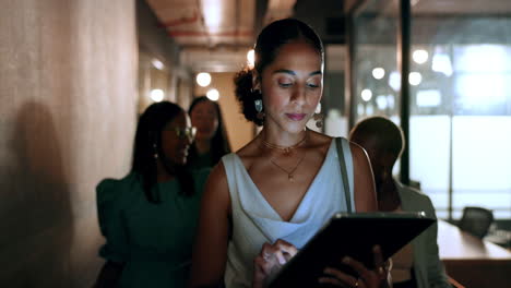 Tablet,-team-and-black-woman-in-office-walking-to