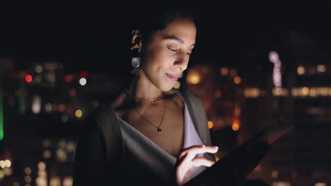 Woman,-digital-tablet-and-rooftop-at-night-in-city