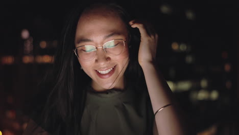 Business-woman,-tablet-or-night-balcony-on-digital