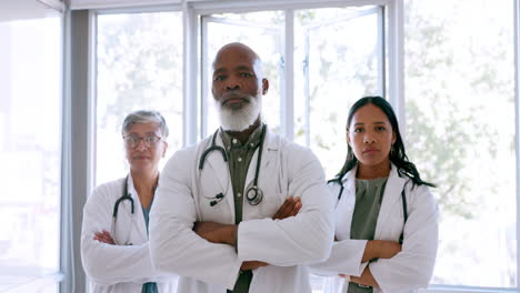 Doctors,-group-faces-or-arms-crossed-in-hospital