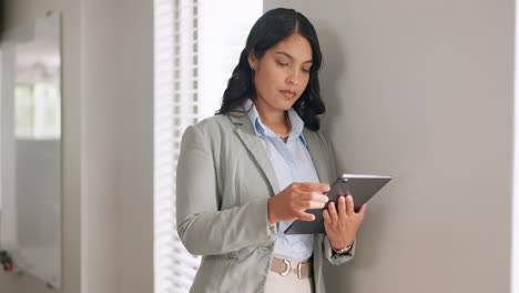 Search,-tablet-and-business-woman-in-office