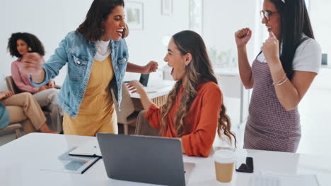 Laptop,-success-or-women-high-five-at-work