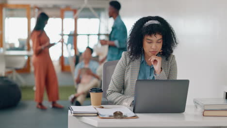 Thinking,-laptop-or-black-woman-working