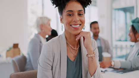Black-woman,-happy-face-and-business-meeting