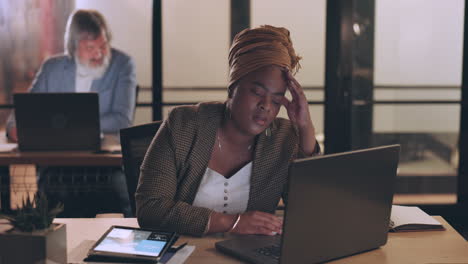 Business,-stress-and-black-woman-in-office