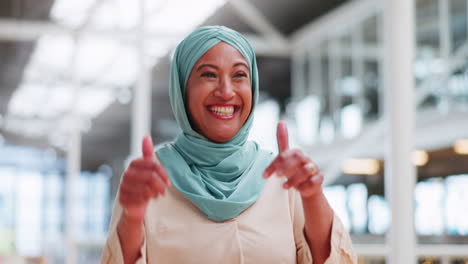 Muslim,-thumbs-up-and-business-woman-in-office