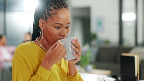 Business,-coffee-and-black-woman-in-office-by