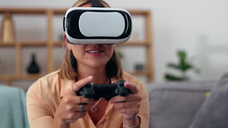 VR,-gaming-console-and-woman-on-sofa