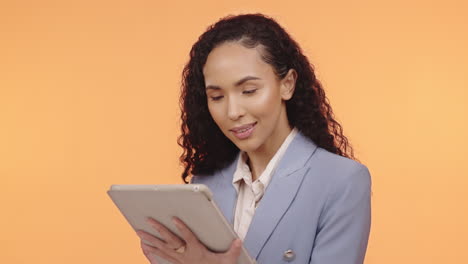 Search,-tablet-and-smile-with-black-woman