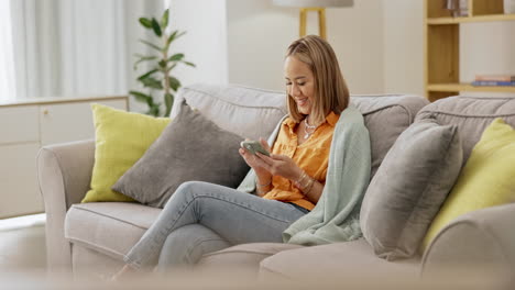 Relax,-comfortable-and-phone-with-woman-on-sofa