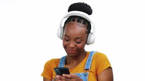 Phone,-music-headphones-and-black-woman-laughing