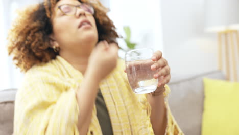 Medication,-pills-and-black-woman-drinking