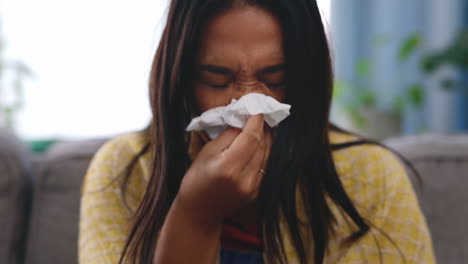 Illness,-tissue-and-female-blowing-her-nose