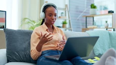 Black-woman,-laptop-and-video-call-for-sofa