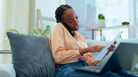 Black-woman,-laptop-or-phone-call-on-house-sofa
