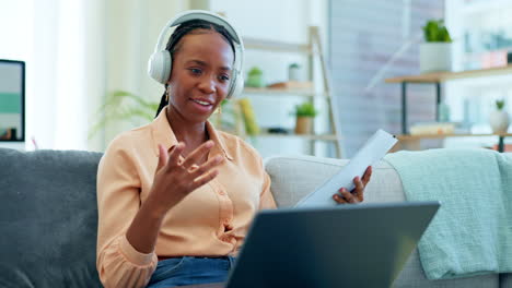 Happy-black-woman,-laptop-or-headphones-for-video