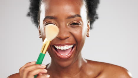 Face,-makeup-and-laughing-black-woman-with-brush