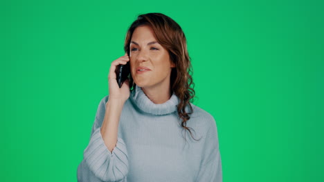 Phone-call,-laughter-and-a-woman-on-a-green-screen
