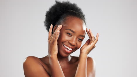 Skincare,-portrait-and-black-woman-touching-face
