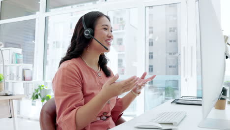 Asian-woman,-call-center-and-consulting