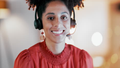 Call-center,-black-woman-and-face-for-customer