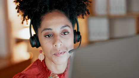 Call-center,-black-woman-and-talking-on-computer