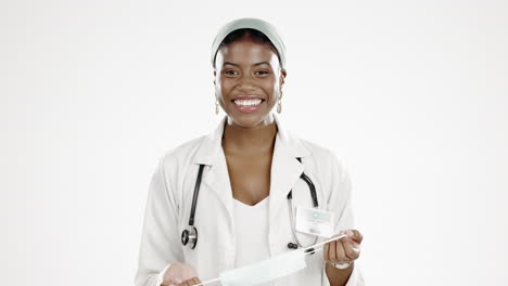 Black-woman,-doctor-and-removing-face-mask-for-end