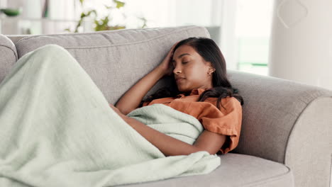Woman-with-headache,-relax-on-couch-and-sick