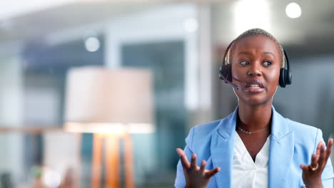 Call-center,-black-woman-and-talking-for-support