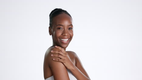 Black-woman,-face-and-happy-with-skincare