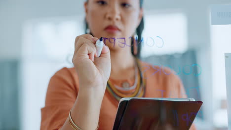 Asian-woman,-writing-and-tablet-in-planning