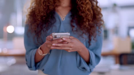 Black-woman,-phone-closeup-and-office-networking
