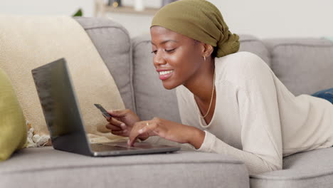 Laptop,-credit-card-and-black-woman-online